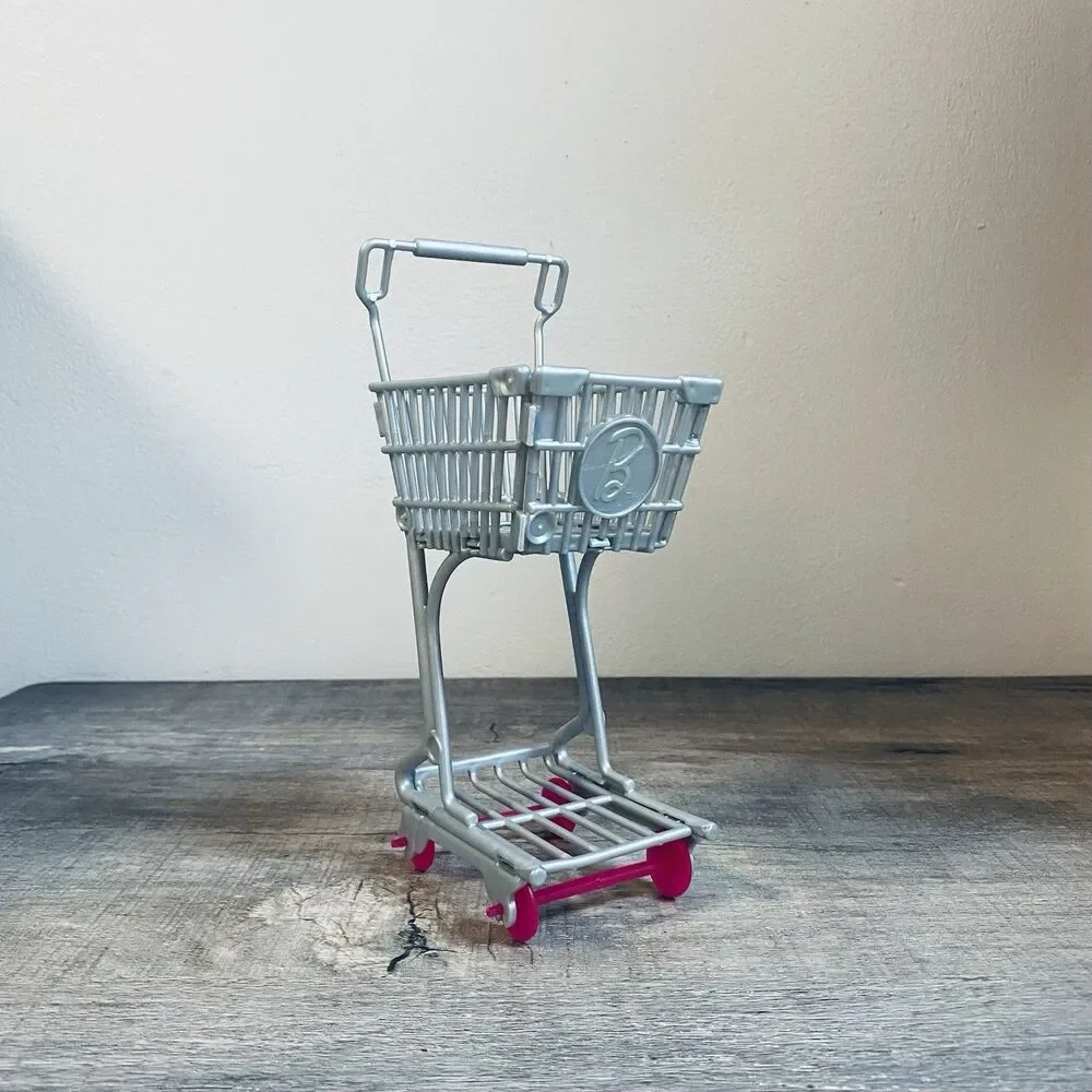 Mattel Barbie Doll Shopping Cart Grocery Store Buggy Gray Plastic Pink Wheels